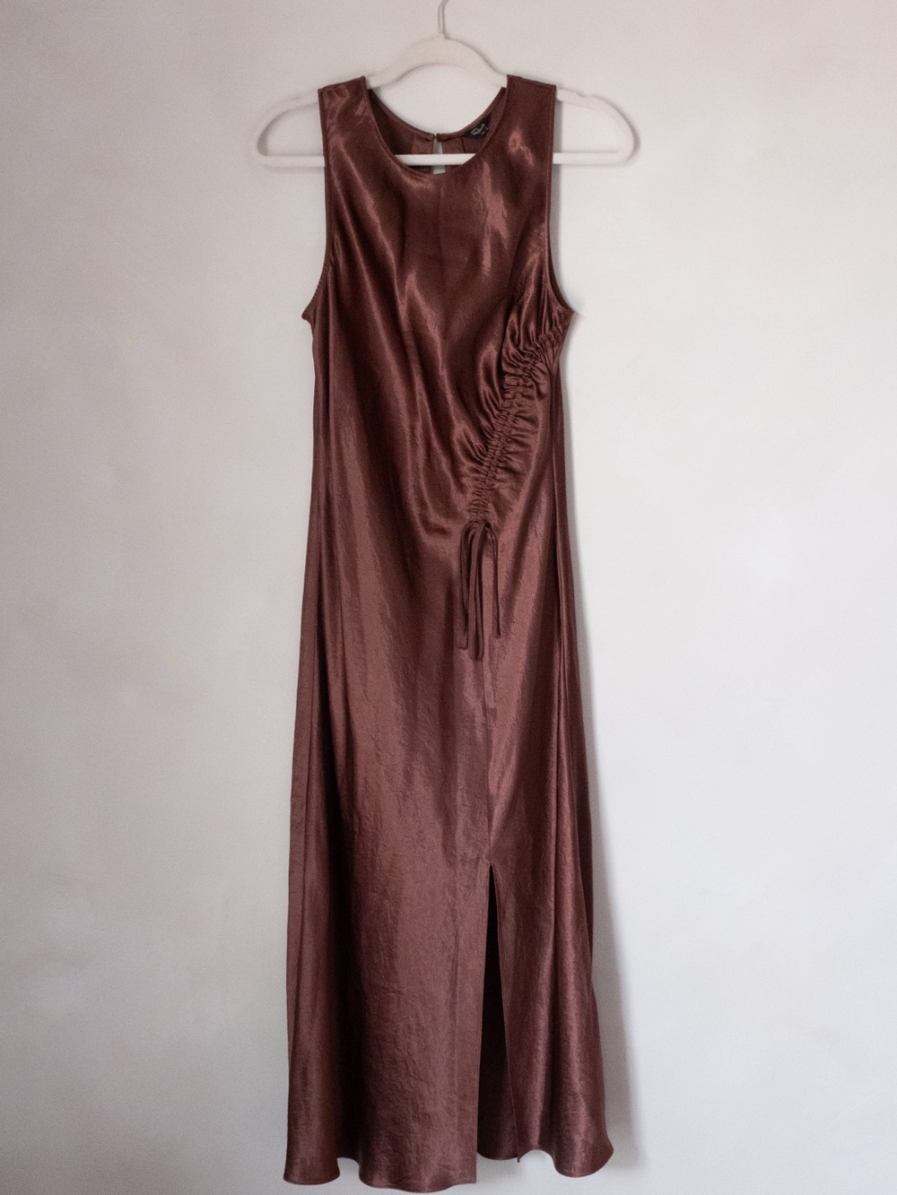 Brown Sleeveless Satin Maxi Dress with Side Ruched Tie